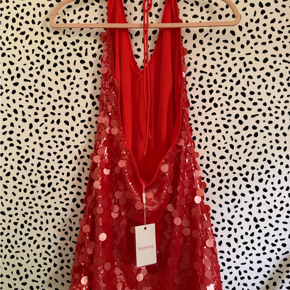 Beginning Boutique Red Sequin Backless Dress